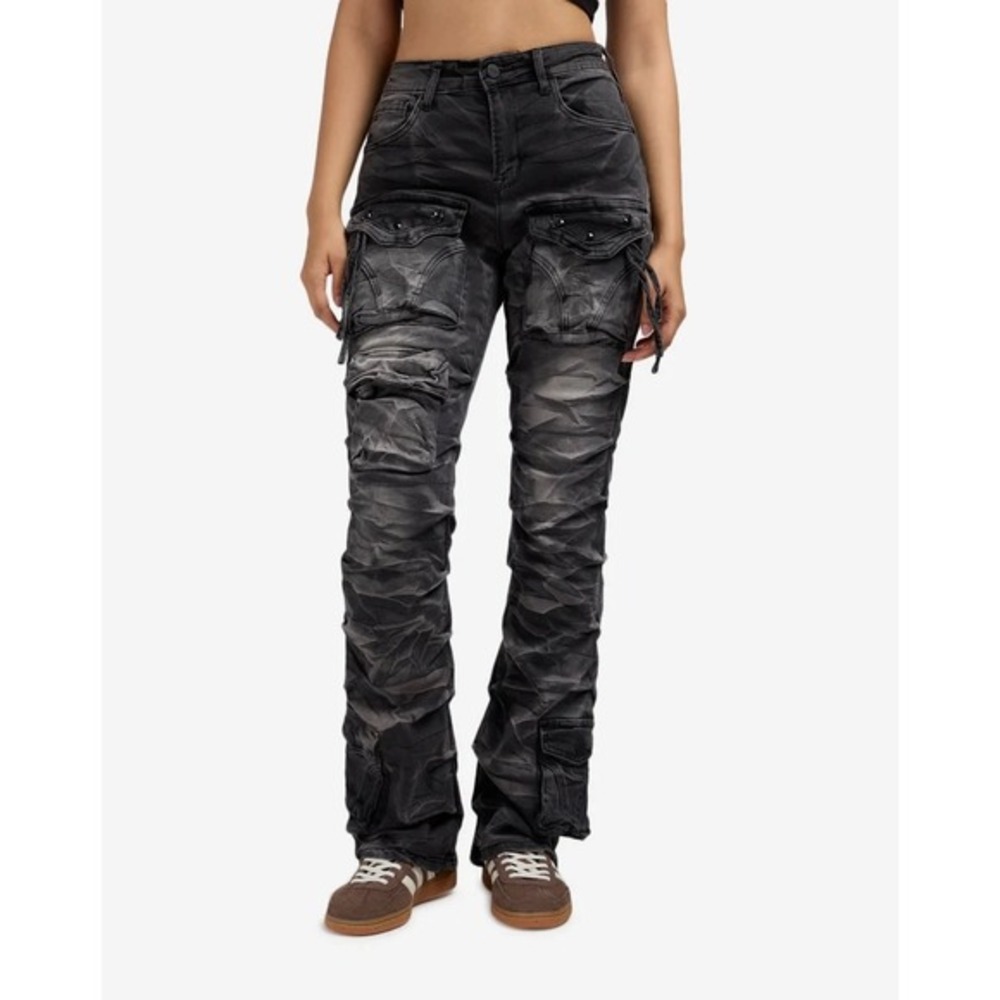 RED Smoke Rise XL Women's Black Wash Crinkle Cargo Jeans Utility‎ Pockets